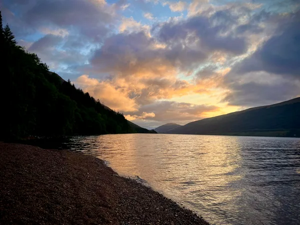 Clean shoreline sunset during the Great Glen Canoe Expedition